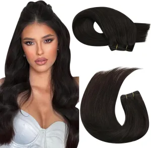 Moresoo Clip in Hair Extensions Real Human Hair 7 Pieces 120G and Sew in Hair Extensions 100G Bundle 18Inch Darkest Brown