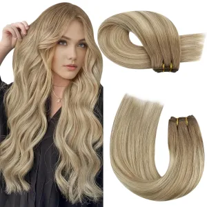 Moresoo Clip in Hair Extensions Real Human Hair 7 Pieces 120G and Weft Hair Extensions Human Hair 100G Bundle 24Inch Balayage Light Brown Mixed with Golden Blonde
