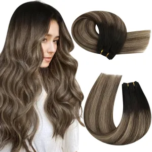 Moresoo Hair Extensions Clip in Real Human Hair 7 Pieces 120G and Sew in Hair Extensions Real Human Hair 100G Bundle 16Inch Balayage Black to Brown Mix Caramel Blonde