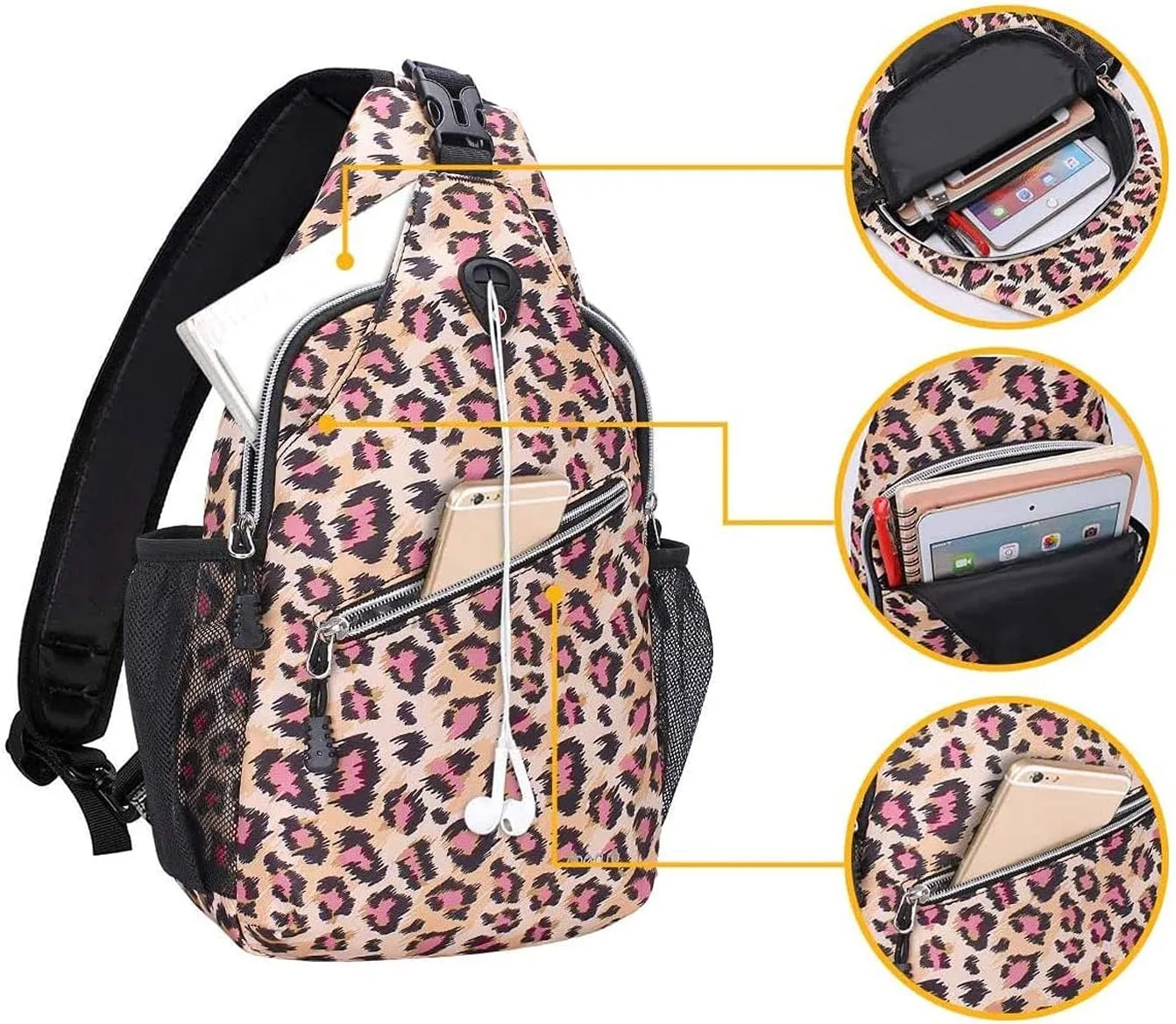 MOSISO Sling Backpack,Travel Hiking Daypack Leopard Print Rope Crossbody Bag