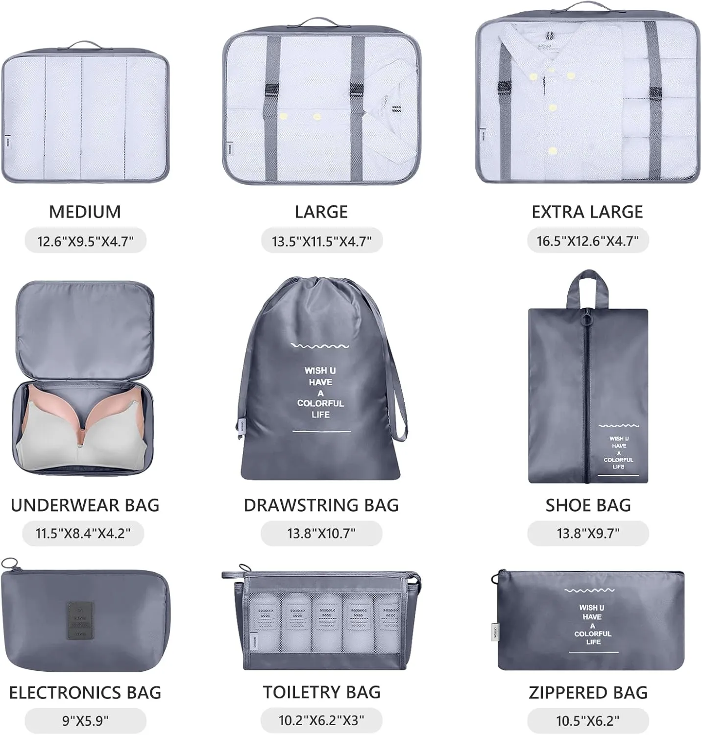 Mossio 9 Set Packing Cubes with Shoe Bag & Electronics Bag - Luggage Organizers Suitcase Travel Accessories