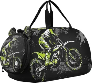 Motocross Black Grey Duffle Bag for Kids Girls Boys, Sports Gym Bag with Shoe Compartments, Kids Travel Overnight Weekender Shoulder Bag