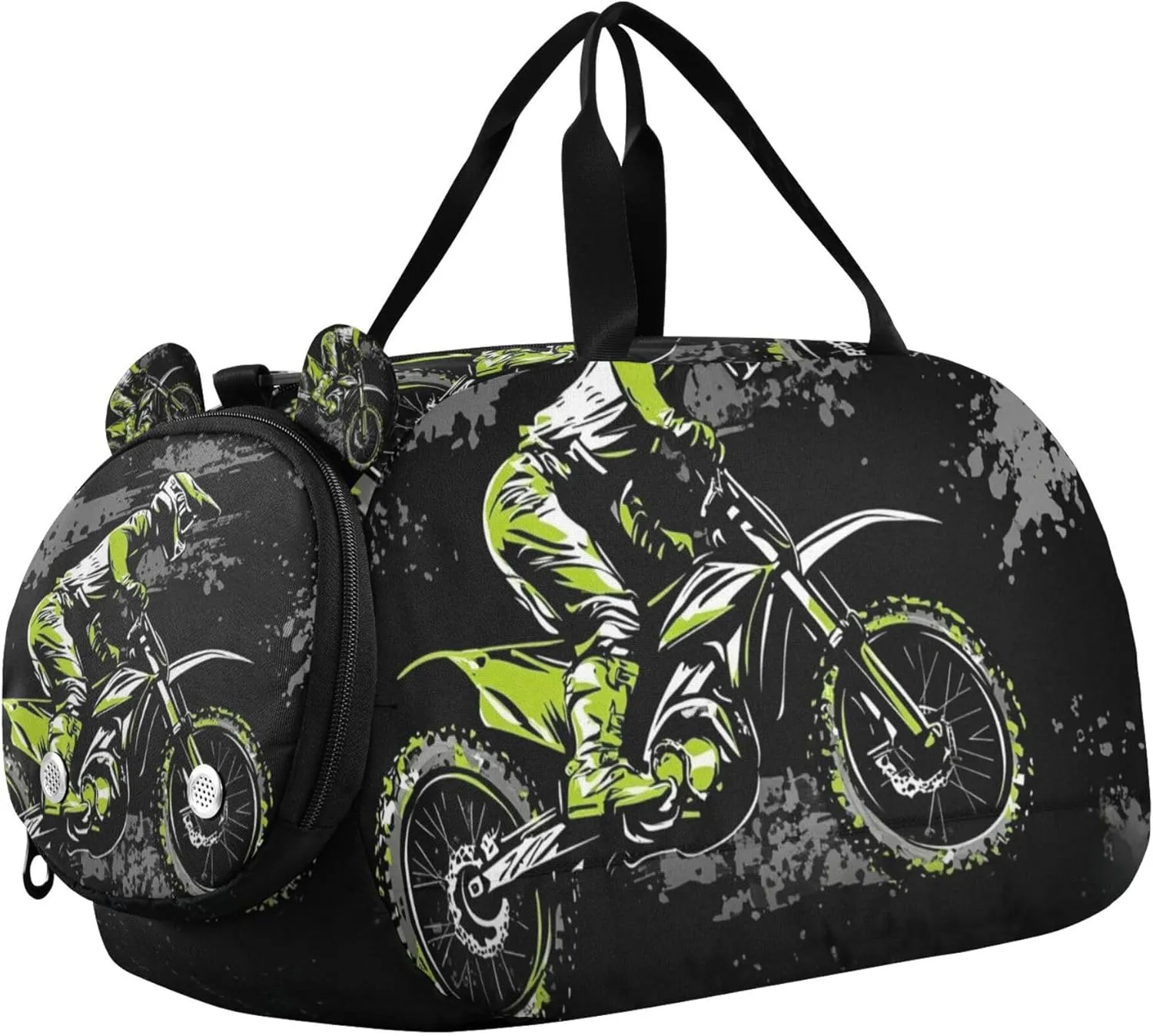 Motocross Black Grey Duffle Bag for Kids Girls Boys, Sports Gym Bag with Shoe Compartments, Kids Travel Overnight Weekender Shoulder Bag