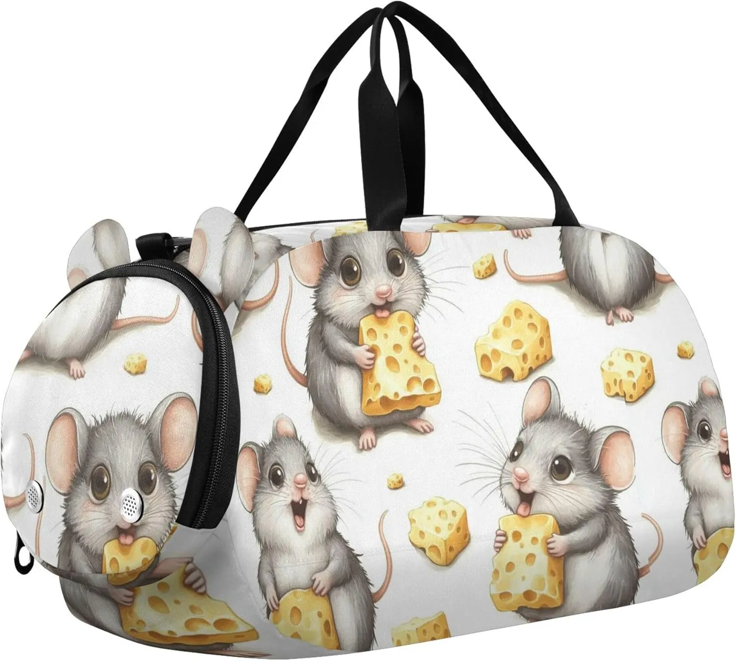 Mouse Eat Cheese Sports Duffle Bag for Teens Girls Boys, Gym Bag with Shoe Compartment, Kids Travel Overnight Weekender Shoulder Bag