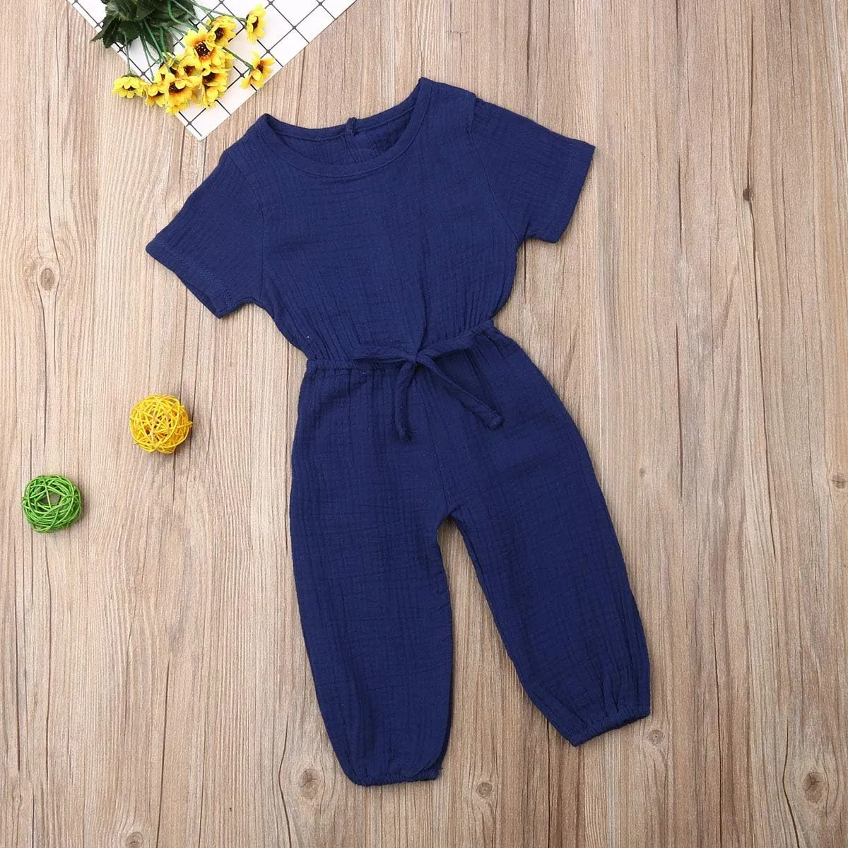 Mubineo Toddler Baby Girl Summer Fall Basic Plain Short Sleeve Cotton Linen Drawstring Romper Jumpsuit