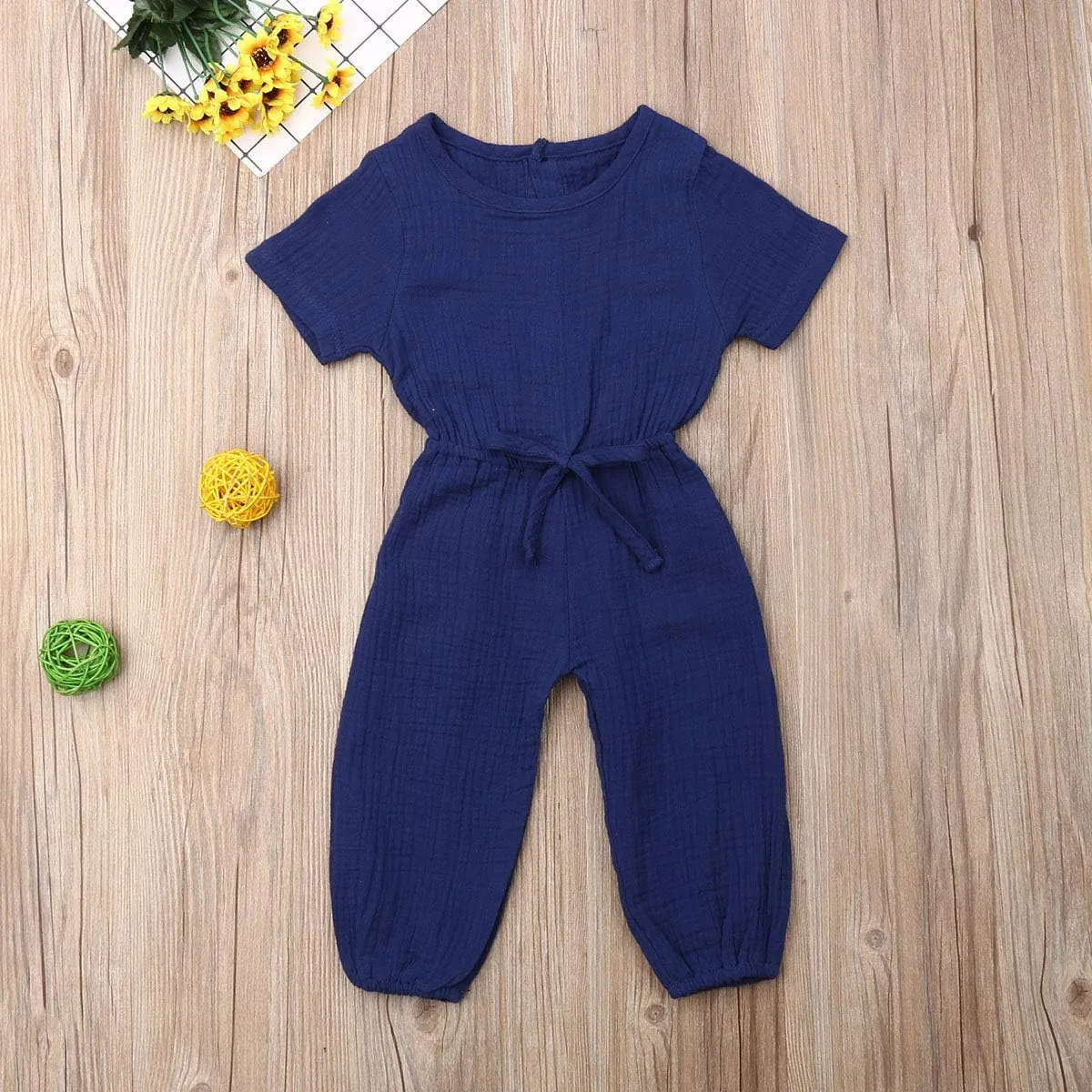 Mubineo Toddler Baby Girl Summer Fall Basic Plain Short Sleeve Cotton Linen Drawstring Romper Jumpsuit