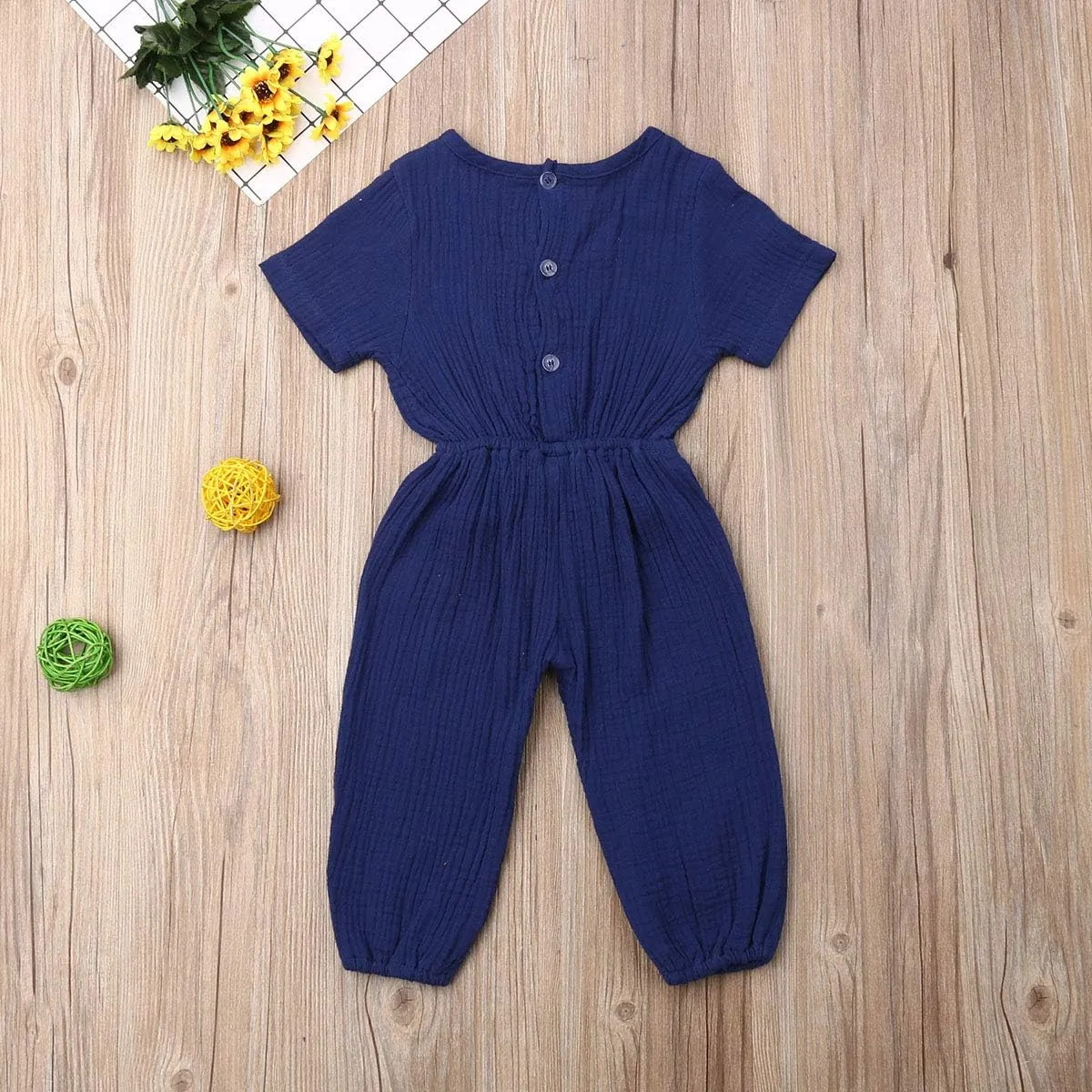 Mubineo Toddler Baby Girl Summer Fall Basic Plain Short Sleeve Cotton Linen Drawstring Romper Jumpsuit