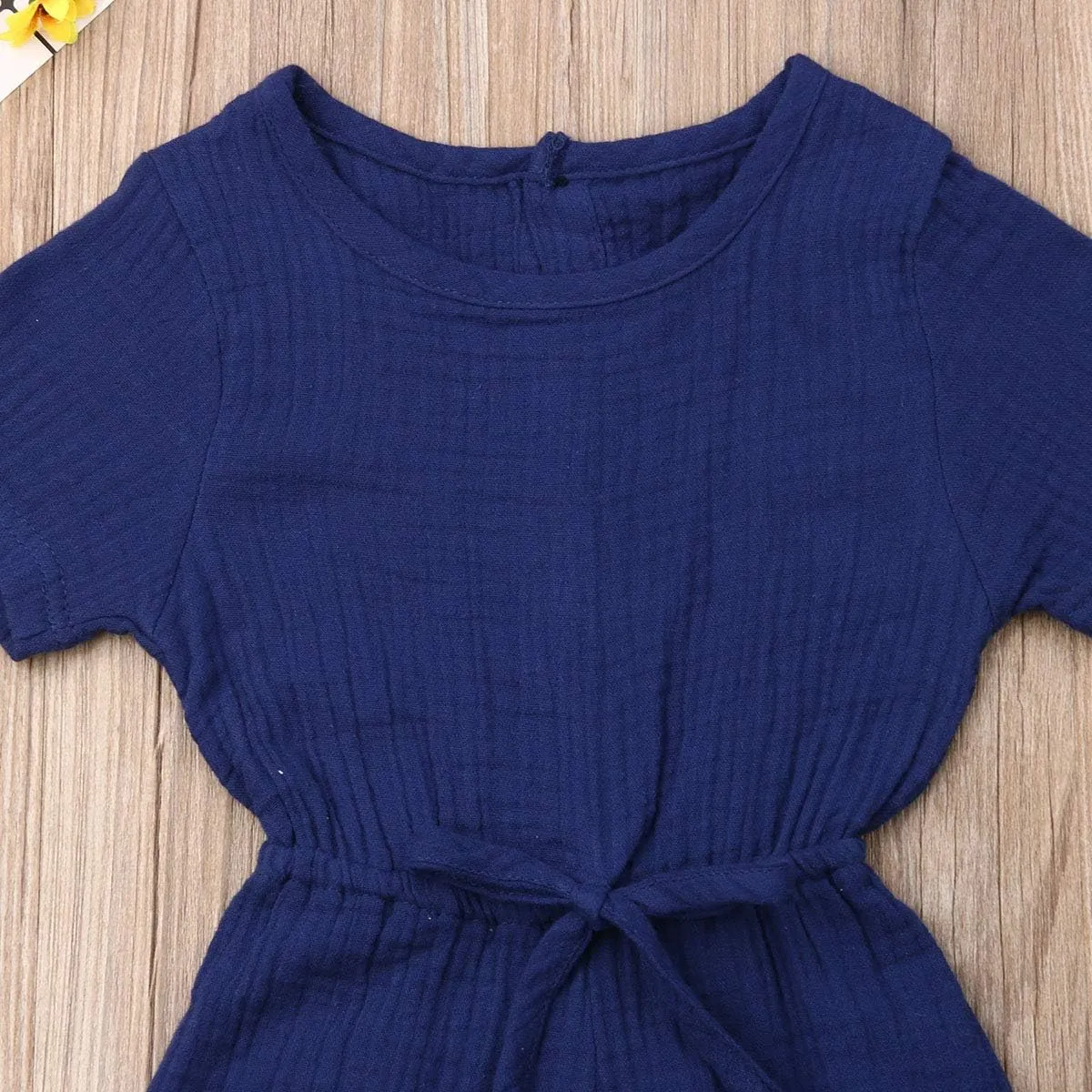 Mubineo Toddler Baby Girl Summer Fall Basic Plain Short Sleeve Cotton Linen Drawstring Romper Jumpsuit