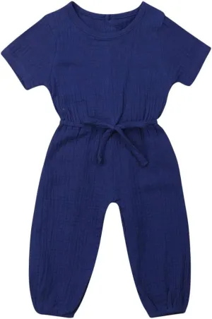 Mubineo Toddler Baby Girl Summer Fall Basic Plain Short Sleeve Cotton Linen Drawstring Romper Jumpsuit
