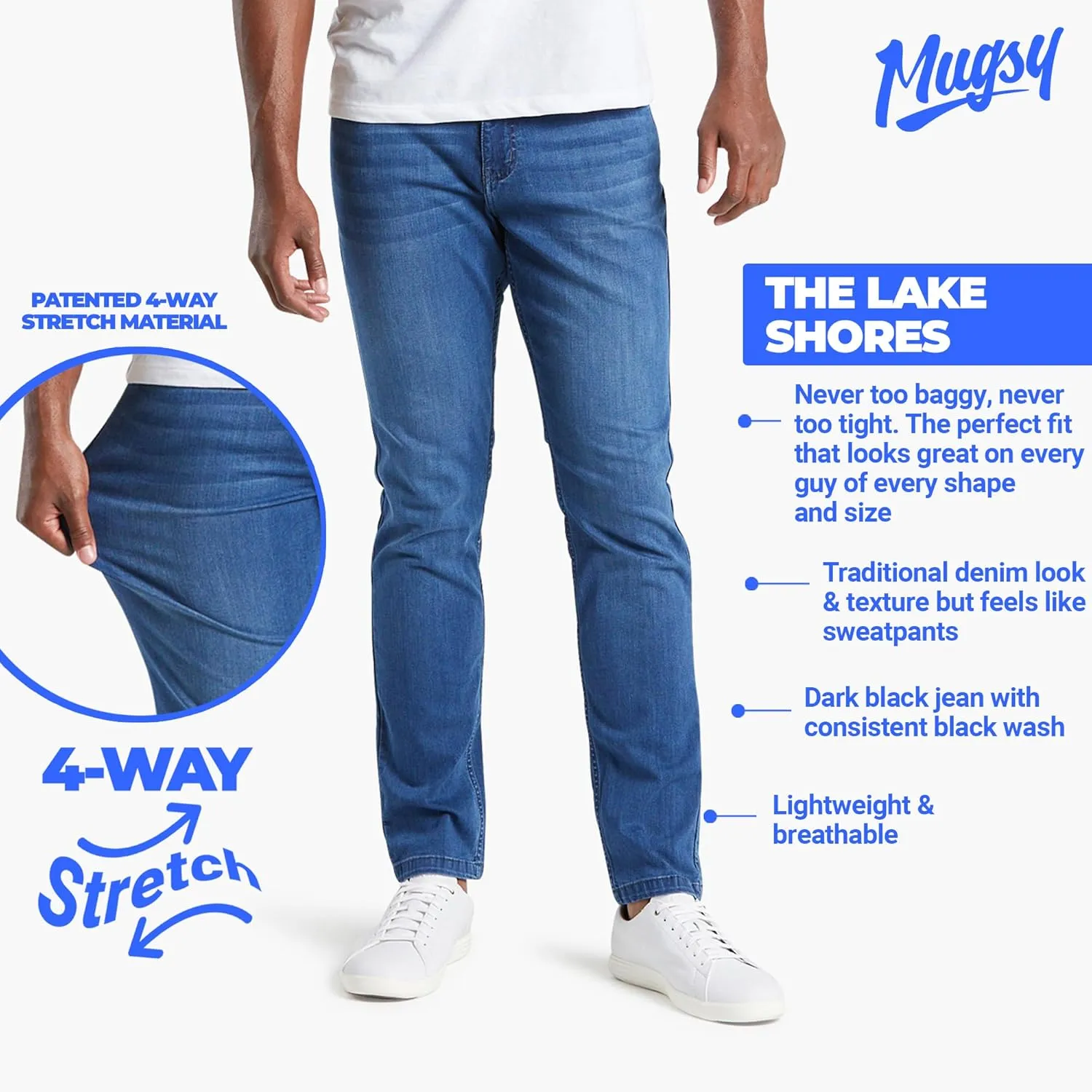 Mugsy Mens Jeans, Classic Fit, Stretch Denim Jeans for Men, Comfortable, 4-Way Stretch, Flexible Pants, Size Up If Needed