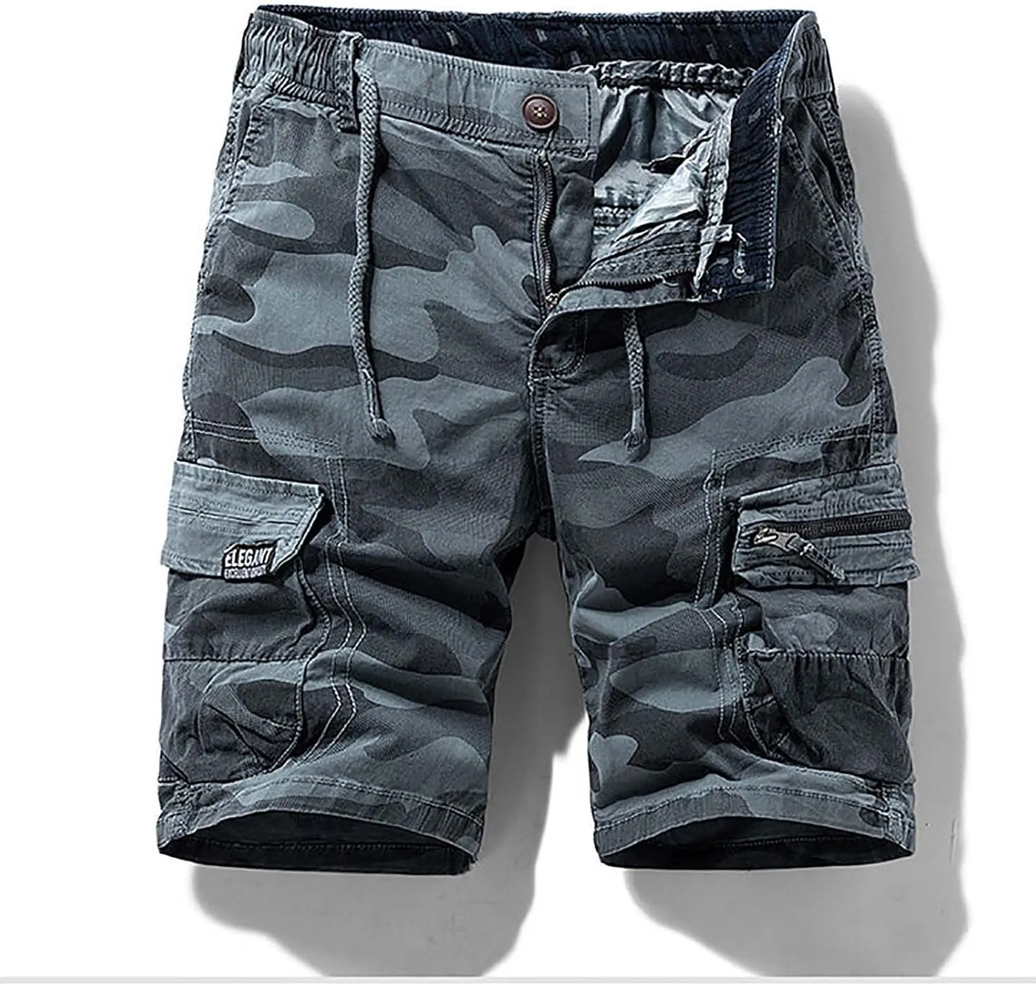 Muscularfit Men Shorts Casual Drawstring Elastic Waist Camouflage Cargo Shorts Cotton Multi Pockets Solid Camo Tooling Shorts