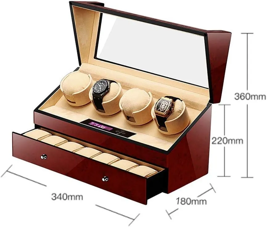 Mute Automatic Watch Winder with Drawer 4   7 Watch Winder Watch Box LCD Digital Display 5 Rotation Modes Piano Lacquer Soft Cushions,Brown-A