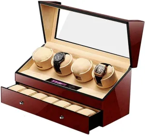 Mute Automatic Watch Winder with Drawer 4   7 Watch Winder Watch Box LCD Digital Display 5 Rotation Modes Piano Lacquer Soft Cushions,Brown-A