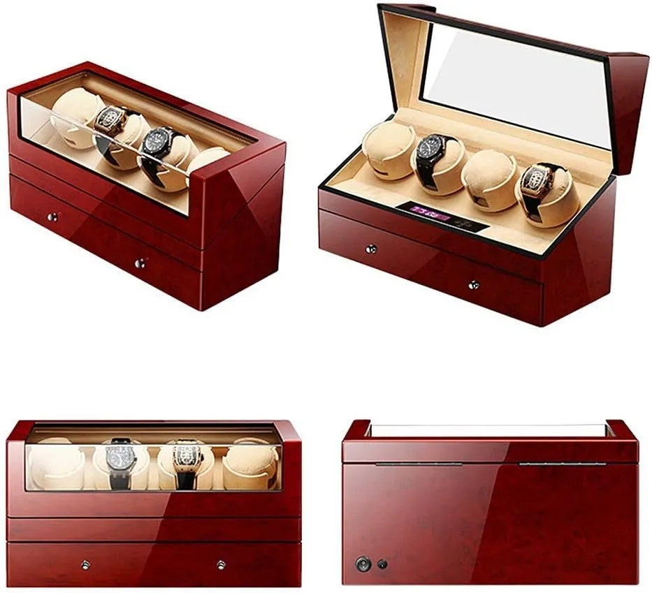 Mute Automatic Watch Winder with Drawer 4   7 Watch Winder Watch Box LCD Digital Display 5 Rotation Modes Piano Lacquer Soft Cushions,Brown-A