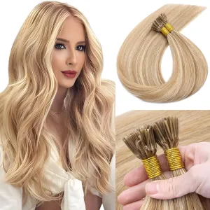 MY-LADY I Tip Hair Extensions Human Hair 100 Strands 16 Inch Golden Brown mix Bleach Blonde Pre Bonded ITip Human Hair Extensions Cold Fusion Stick Tip Hair Extensions 50g
