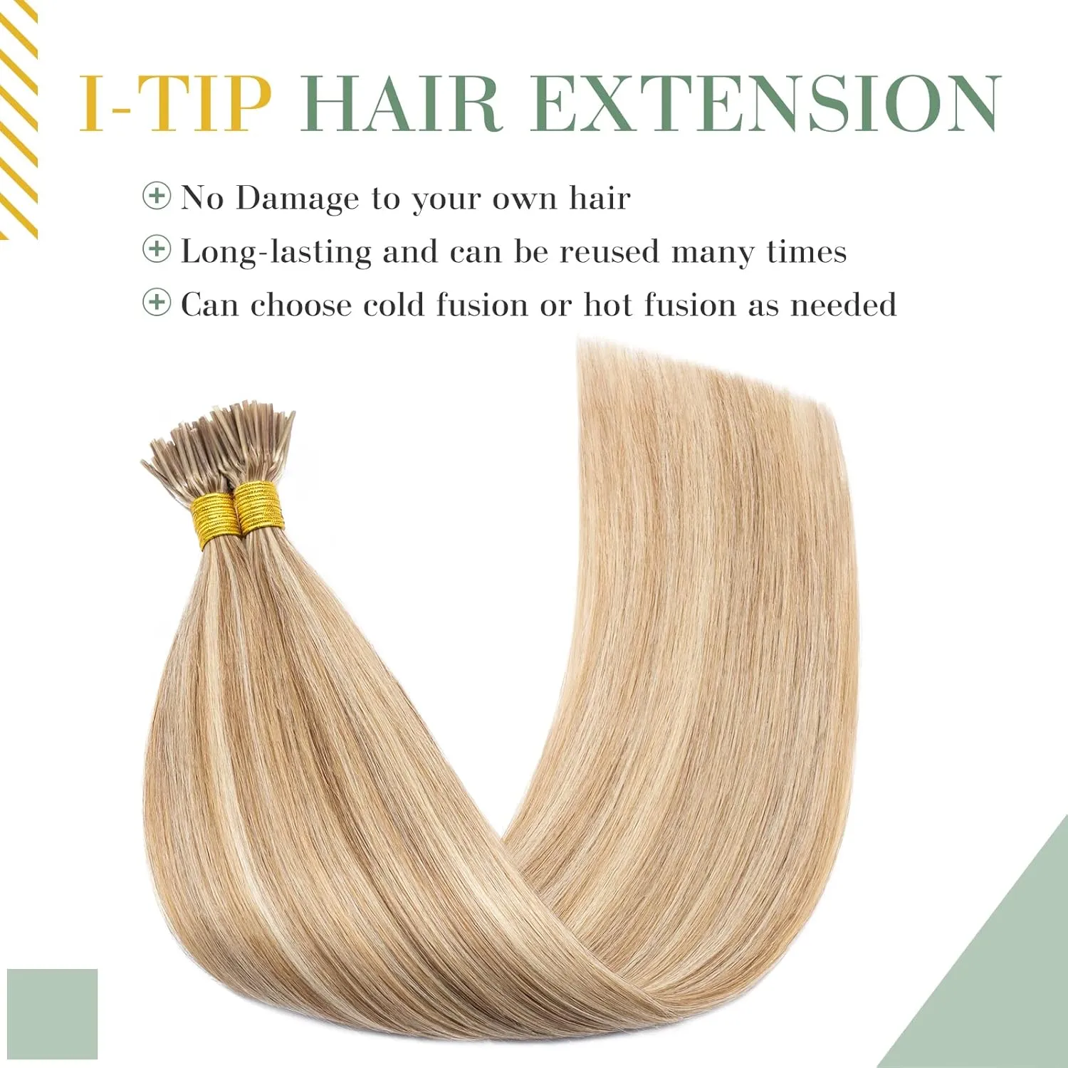 MY-LADY I Tip Hair Extensions Human Hair 100 Strands 16 Inch Golden Brown mix Bleach Blonde Pre Bonded ITip Human Hair Extensions Cold Fusion Stick Tip Hair Extensions 50g