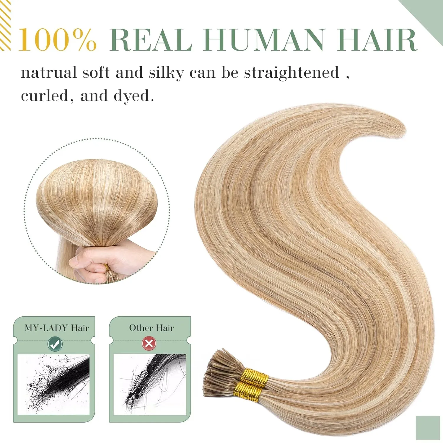 MY-LADY I Tip Hair Extensions Human Hair 100 Strands 16 Inch Golden Brown mix Bleach Blonde Pre Bonded ITip Human Hair Extensions Cold Fusion Stick Tip Hair Extensions 50g