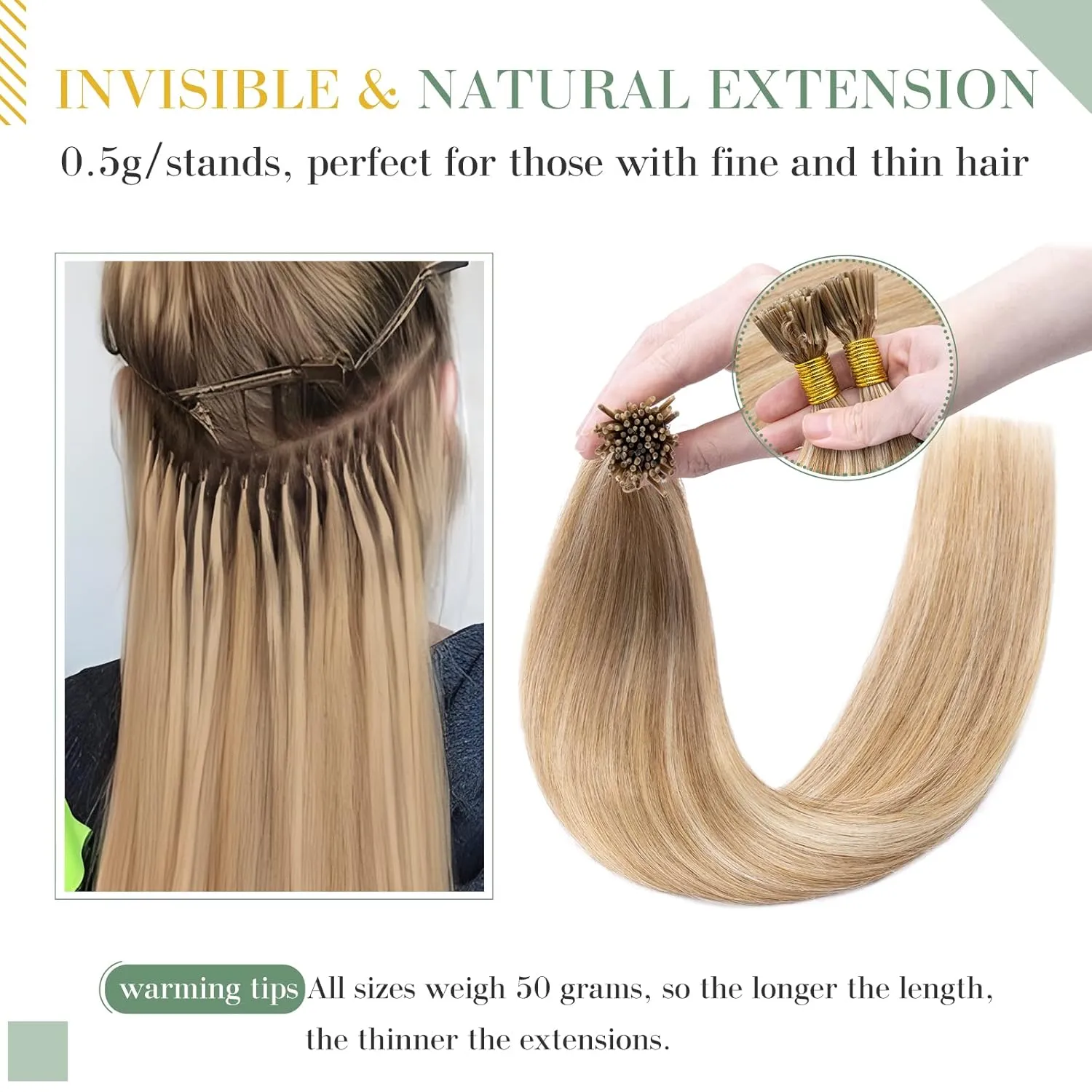 MY-LADY I Tip Hair Extensions Human Hair 100 Strands 16 Inch Golden Brown mix Bleach Blonde Pre Bonded ITip Human Hair Extensions Cold Fusion Stick Tip Hair Extensions 50g