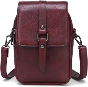 myfriday Vintage Crossbody Phone Bag for Women, Small Leather Shoulder Purse and Handbag with Tassel&Rivet Decoration