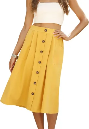 Naggoo Womens Summer Skirts Casual Front Button A-Line High Waisted Midi Skirt with Pockets