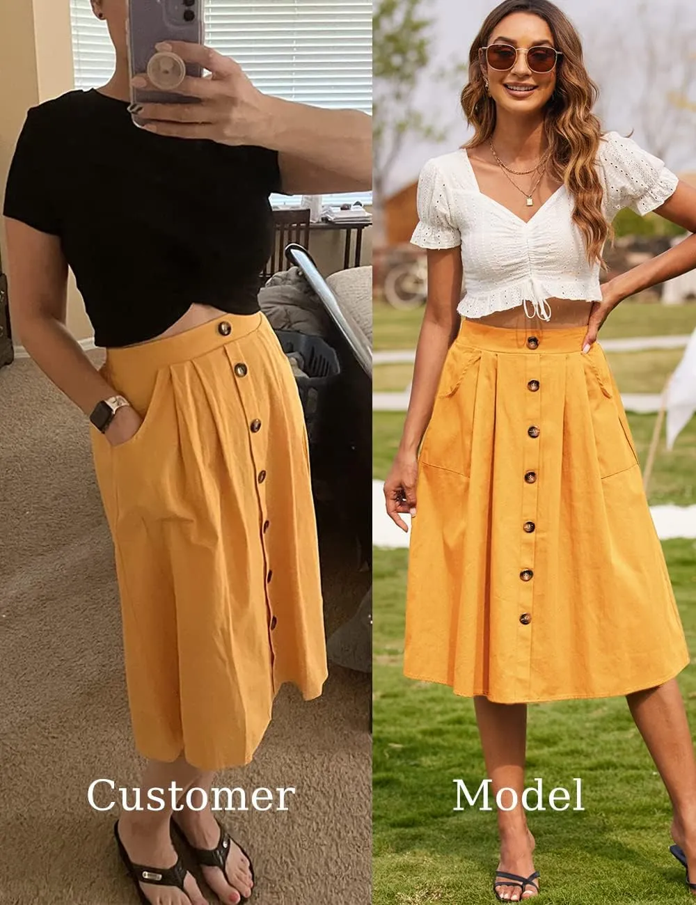 Naggoo Womens Summer Skirts Casual Front Button A-Line High Waisted Midi Skirt with Pockets
