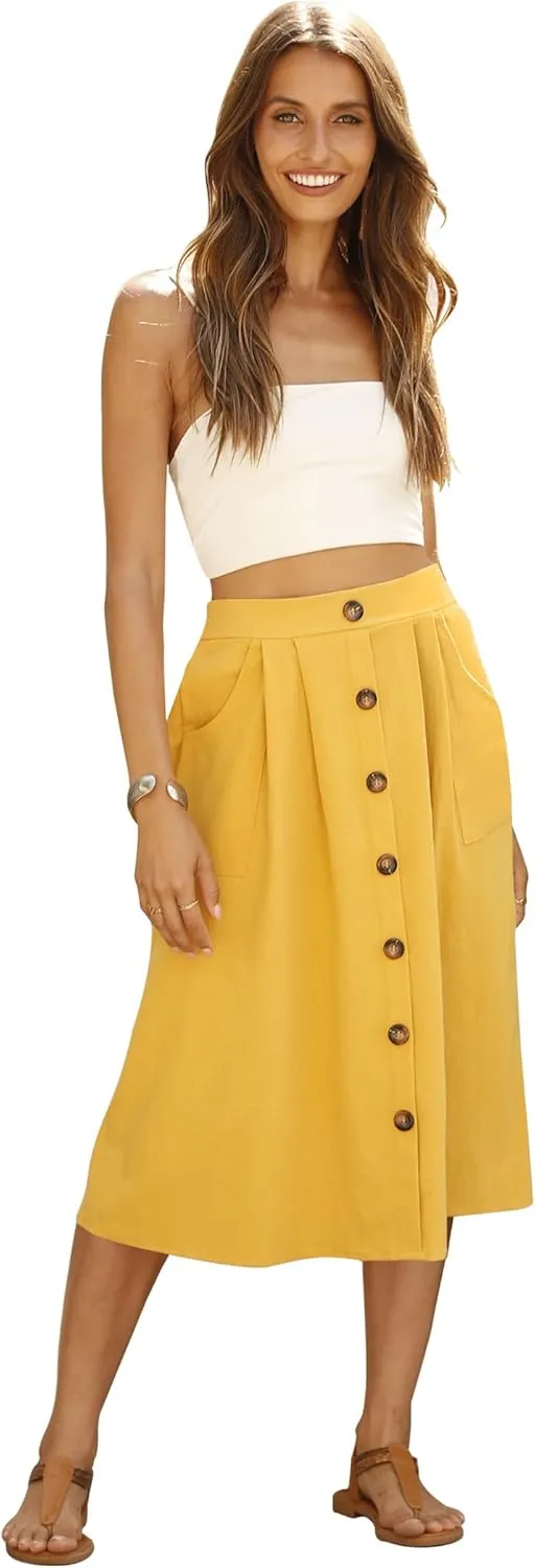 Naggoo Womens Summer Skirts Casual Front Button A-Line High Waisted Midi Skirt with Pockets