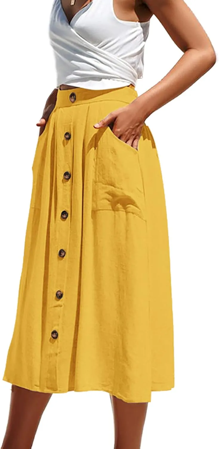 Naggoo Womens Summer Skirts Casual Front Button A-Line High Waisted Midi Skirt with Pockets