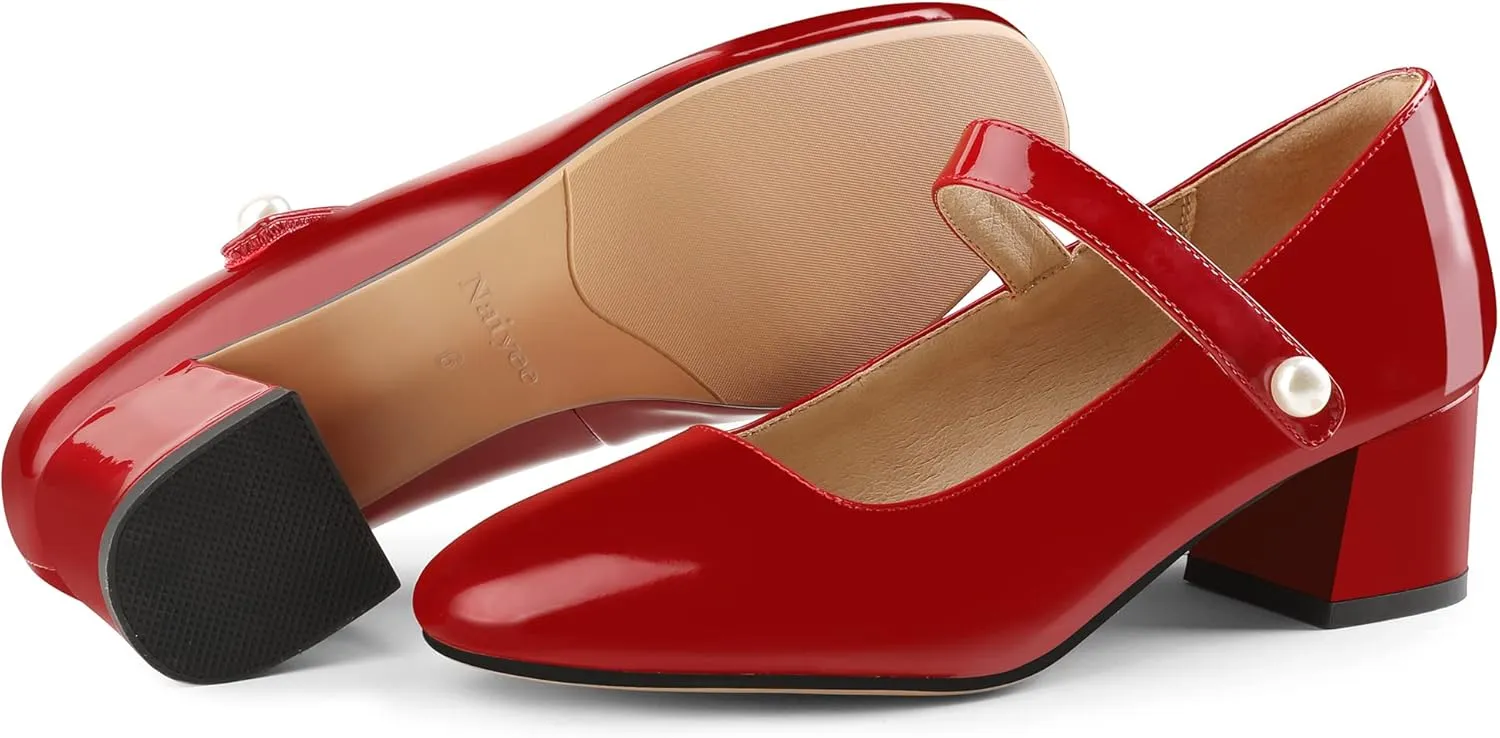 Naiyee Mary Jane Shoes Women Chunky Heel Ankle Strap Dress Shoes for Women Low Heels Close Rounded Toe Pumps