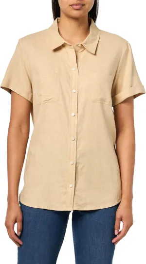 Nautica Women's Short Sleeve Linen Blend Button Up Collared Camp Shirt