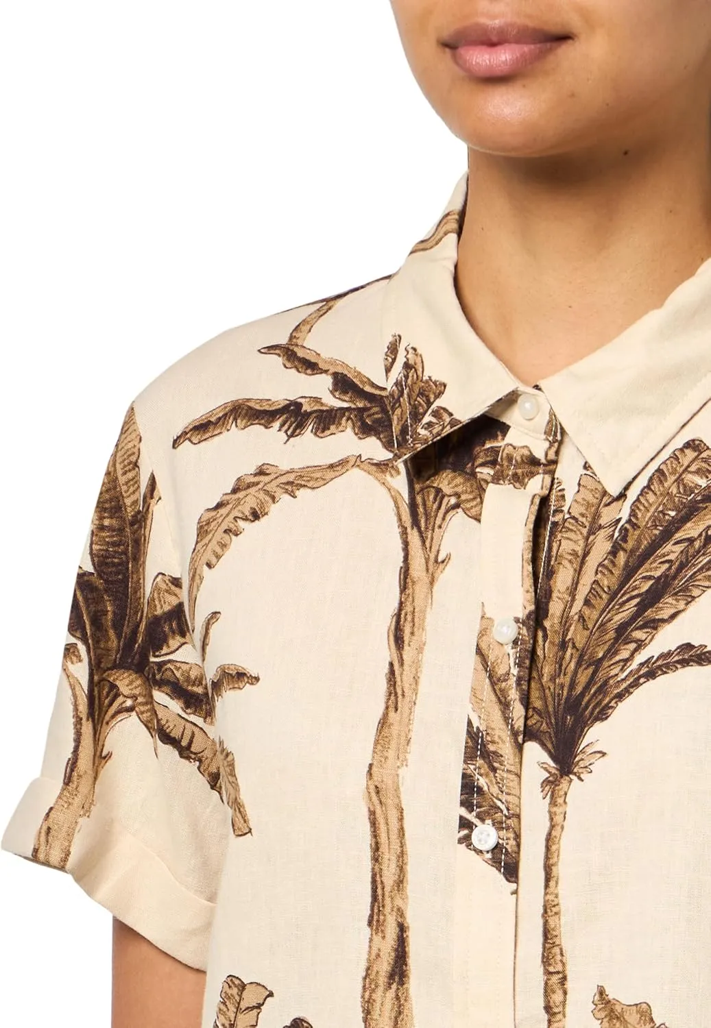 Nautica Women's Short Sleeve Linen Blend Button Up Collared Camp Shirt