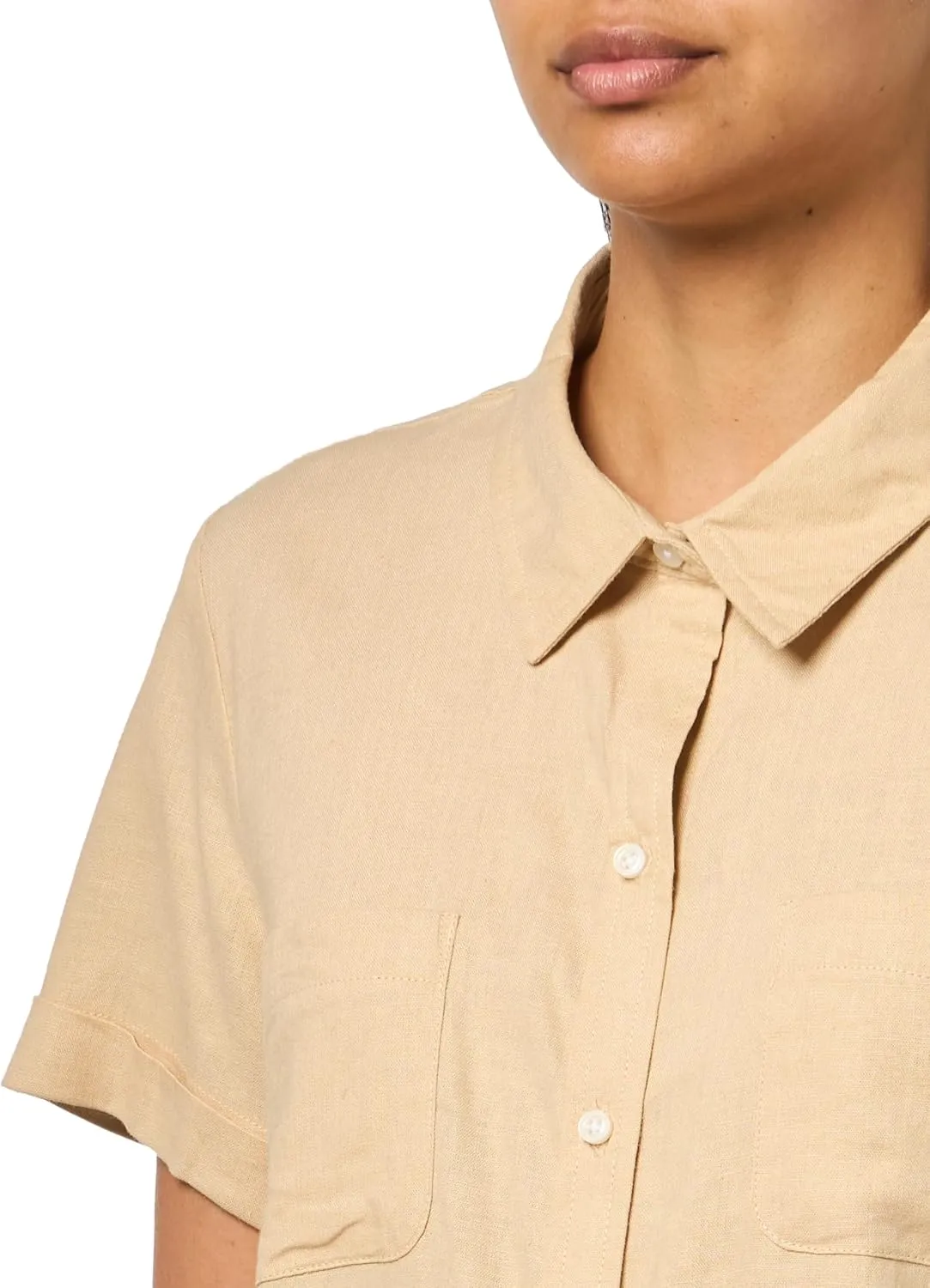 Nautica Women's Short Sleeve Linen Blend Button Up Collared Camp Shirt