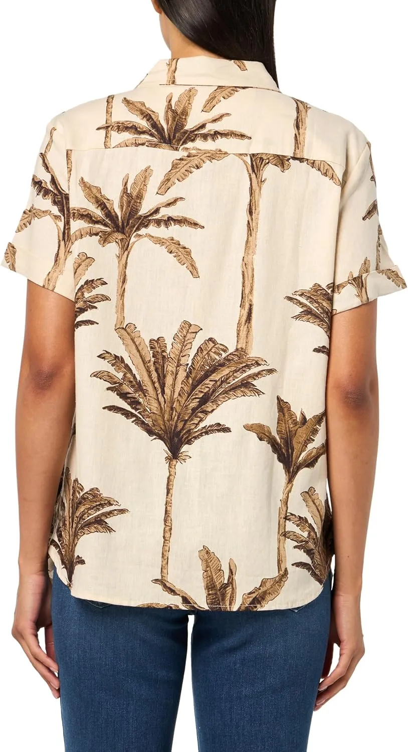 Nautica Women's Short Sleeve Linen Blend Button Up Collared Camp Shirt