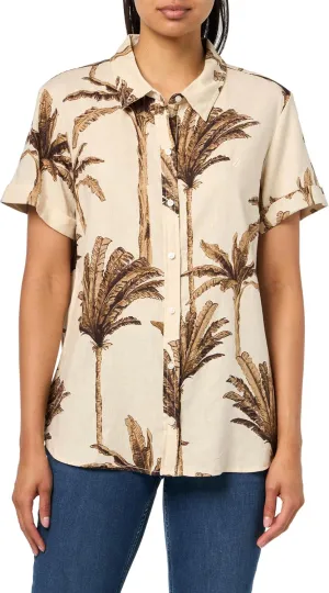 Nautica Women's Short Sleeve Linen Blend Button Up Collared Camp Shirt
