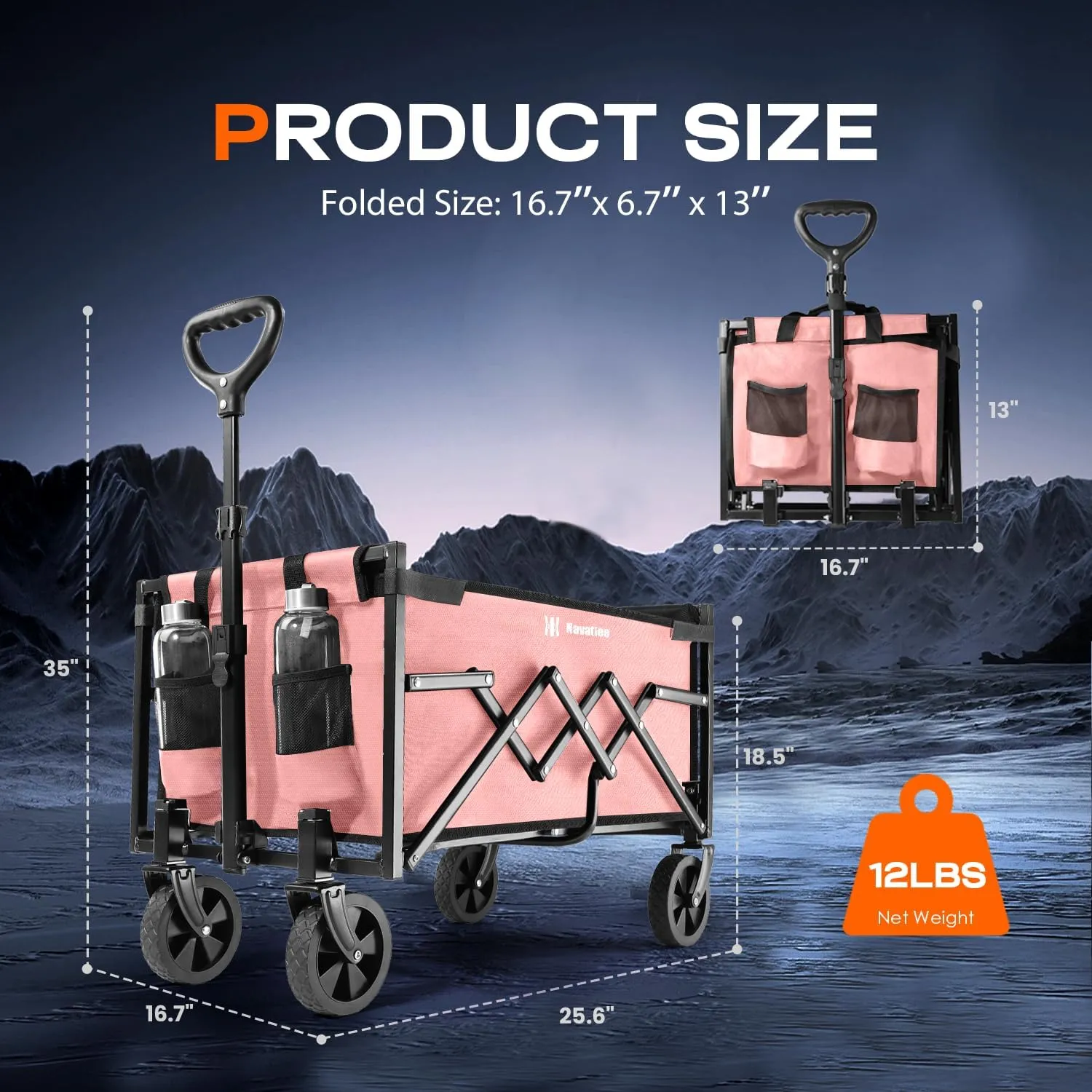 Navatiee Portable Foldable Collapsible Wagon with Wheels, 220lbs Weight Capacity Utility Grocery Shopping Cart, Lightweight Mini Folding Wagon for Outdoor, Pink