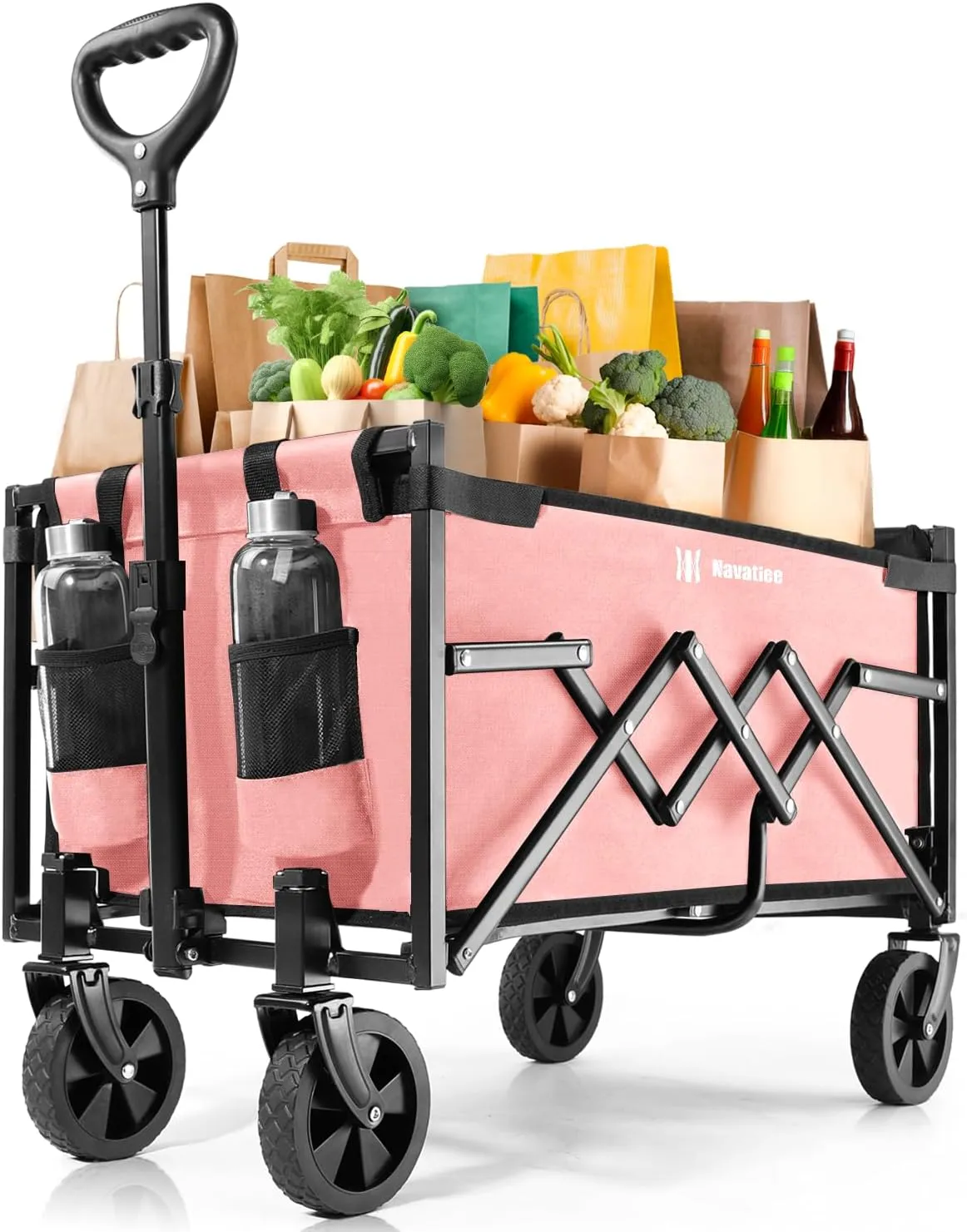 Navatiee Portable Foldable Collapsible Wagon with Wheels, 220lbs Weight Capacity Utility Grocery Shopping Cart, Lightweight Mini Folding Wagon for Outdoor, Pink