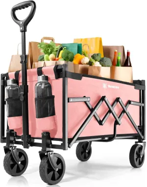 Navatiee Portable Foldable Collapsible Wagon with Wheels, 220lbs Weight Capacity Utility Grocery Shopping Cart, Lightweight Mini Folding Wagon for Outdoor, Pink