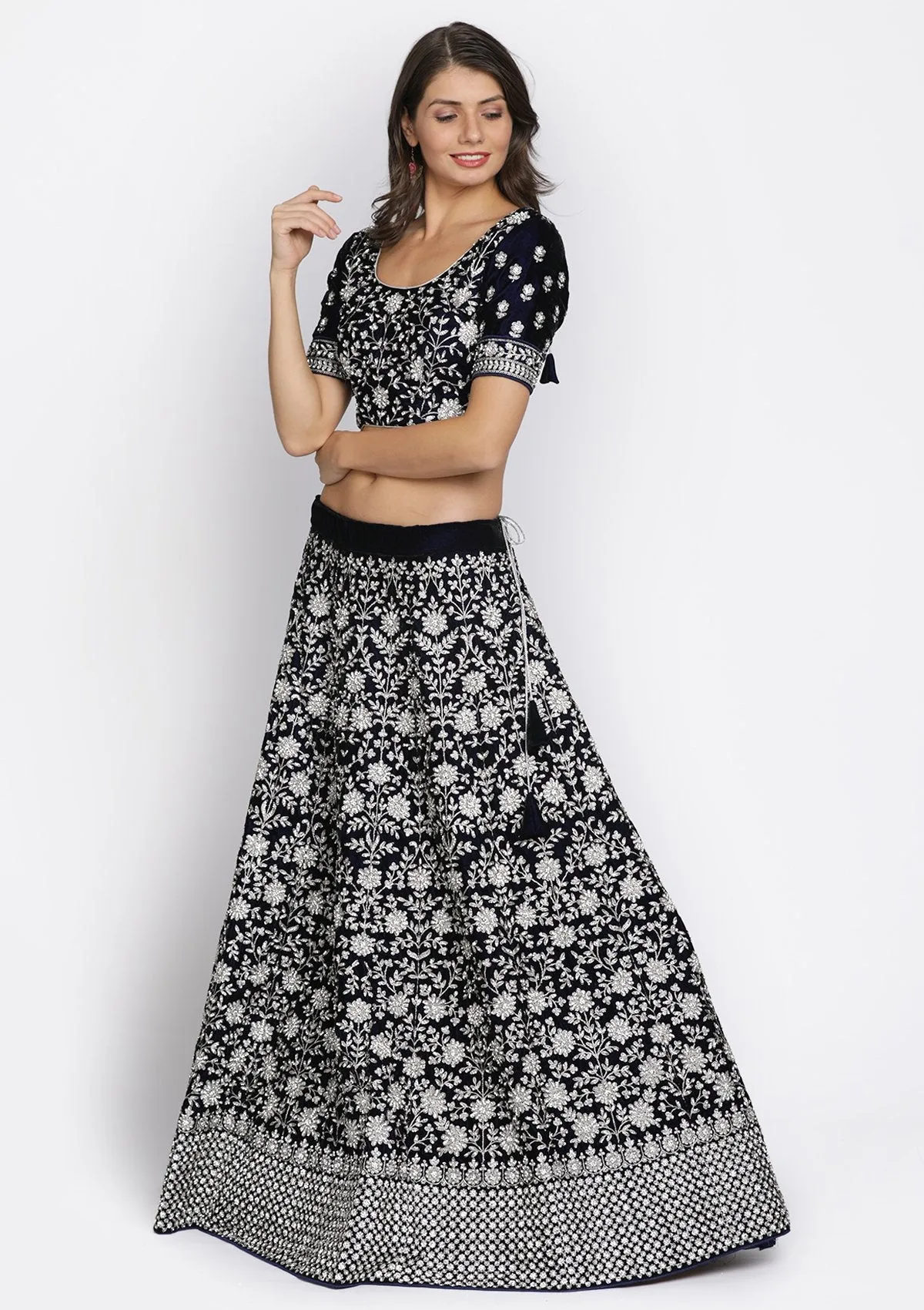 Navy Blue Stonework Velvet Semi Stitched Lehenga