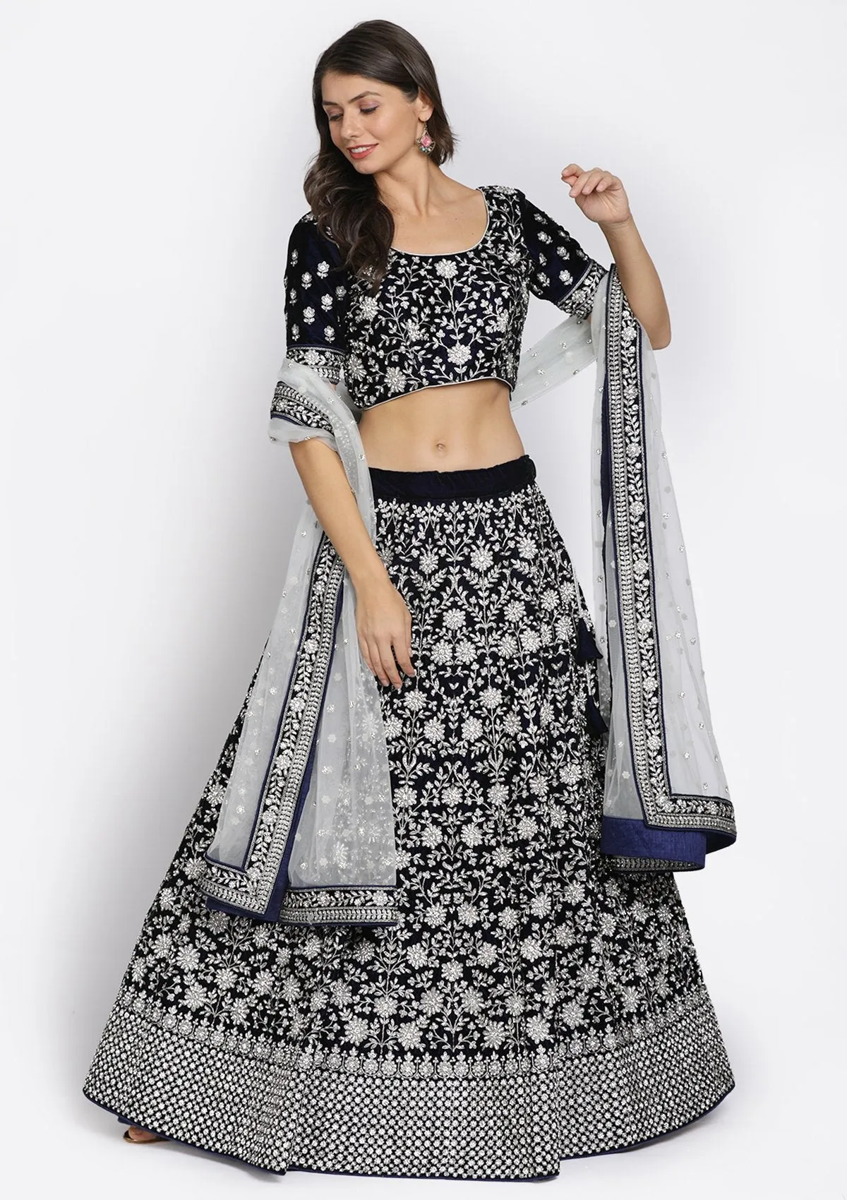 Navy Blue Stonework Velvet Semi Stitched Lehenga