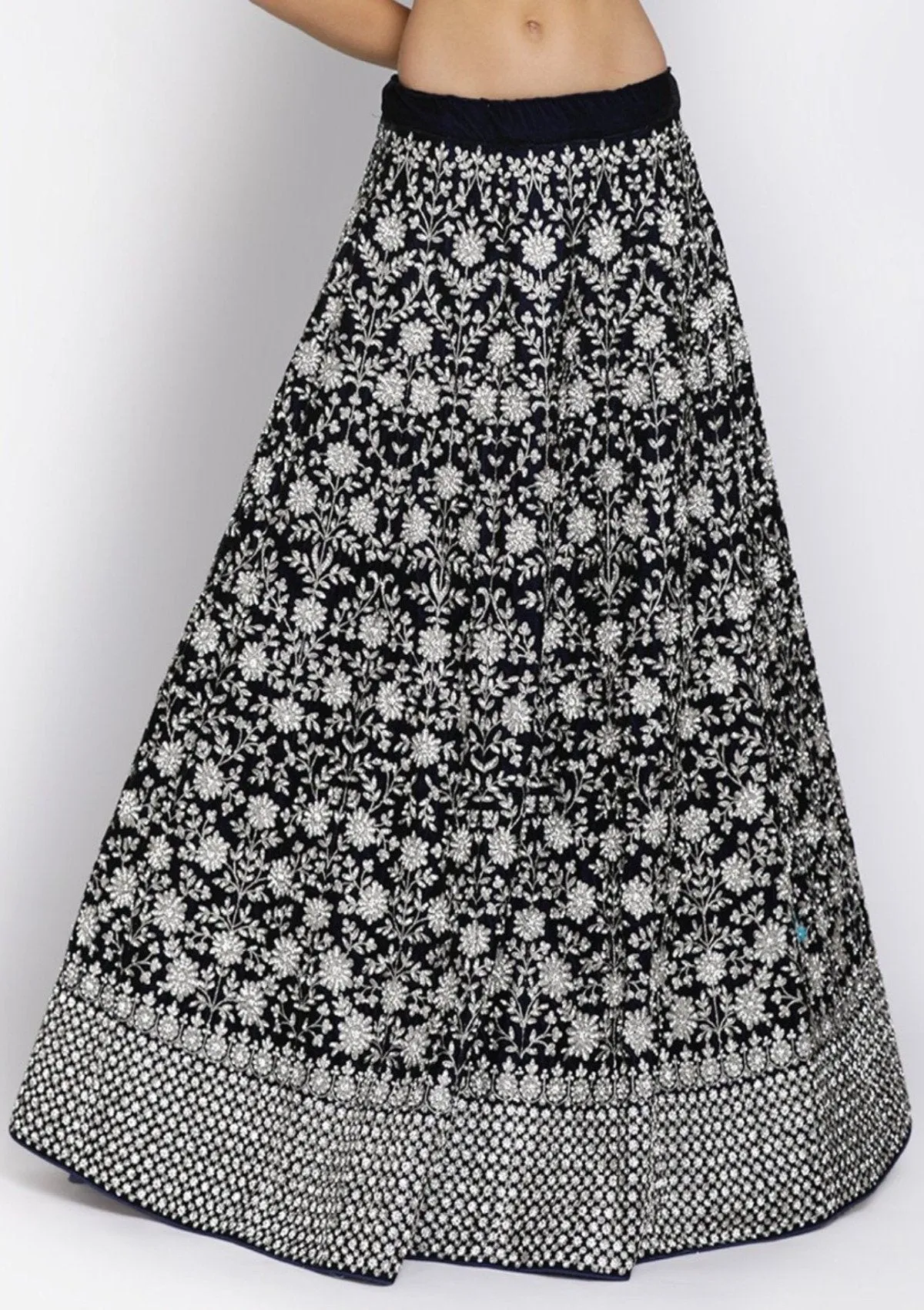 Navy Blue Stonework Velvet Semi Stitched Lehenga