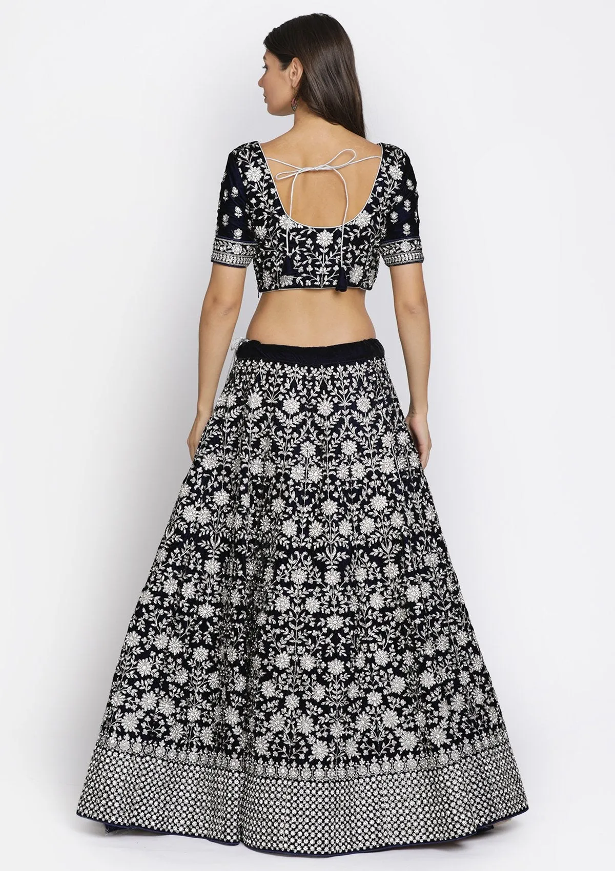 Navy Blue Stonework Velvet Semi Stitched Lehenga