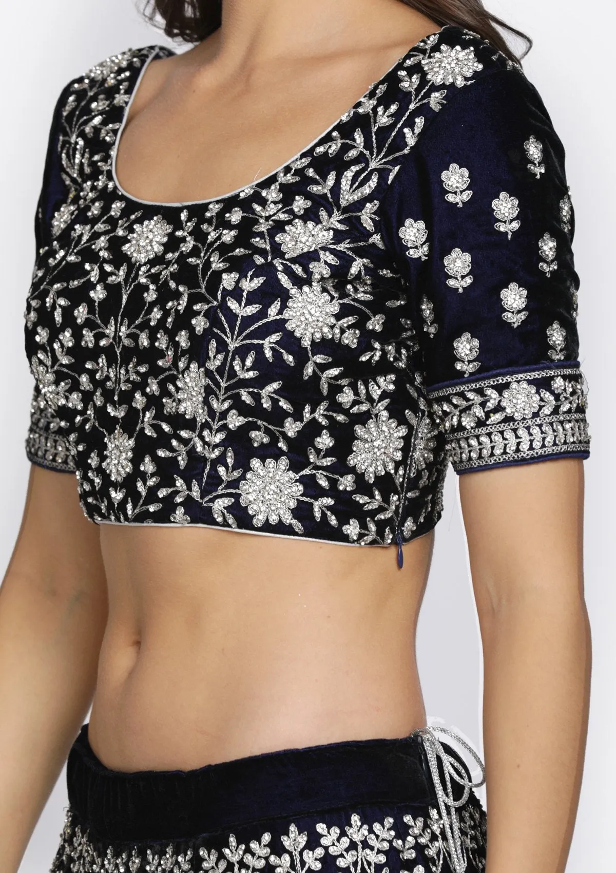 Navy Blue Stonework Velvet Semi Stitched Lehenga