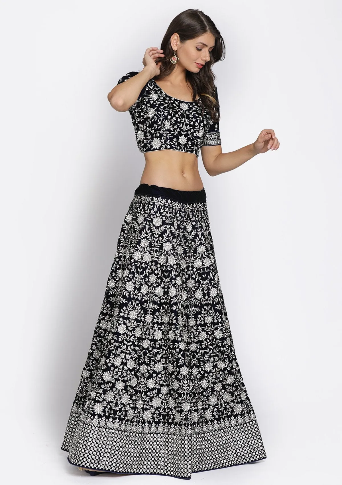 Navy Blue Stonework Velvet Semi Stitched Lehenga