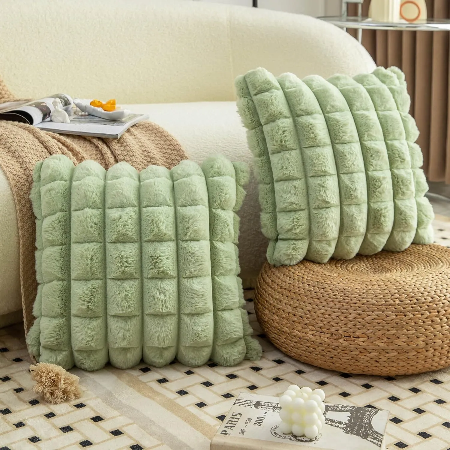 Neelvin Green Faux Fur Cozy Soft Plaid Decorative Throw Pillow Covers 18x18 inch Set of 2,Velvet Pillowcase Cushion Case for Sofa Couch