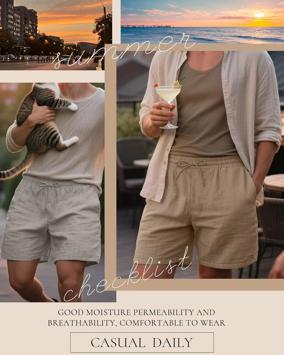 Neer 2 Pack Men's Big and Tall Linen Bermuda Shorts Cotton Drawstring Loose Plus Size Summer Casual Pants with Pockets