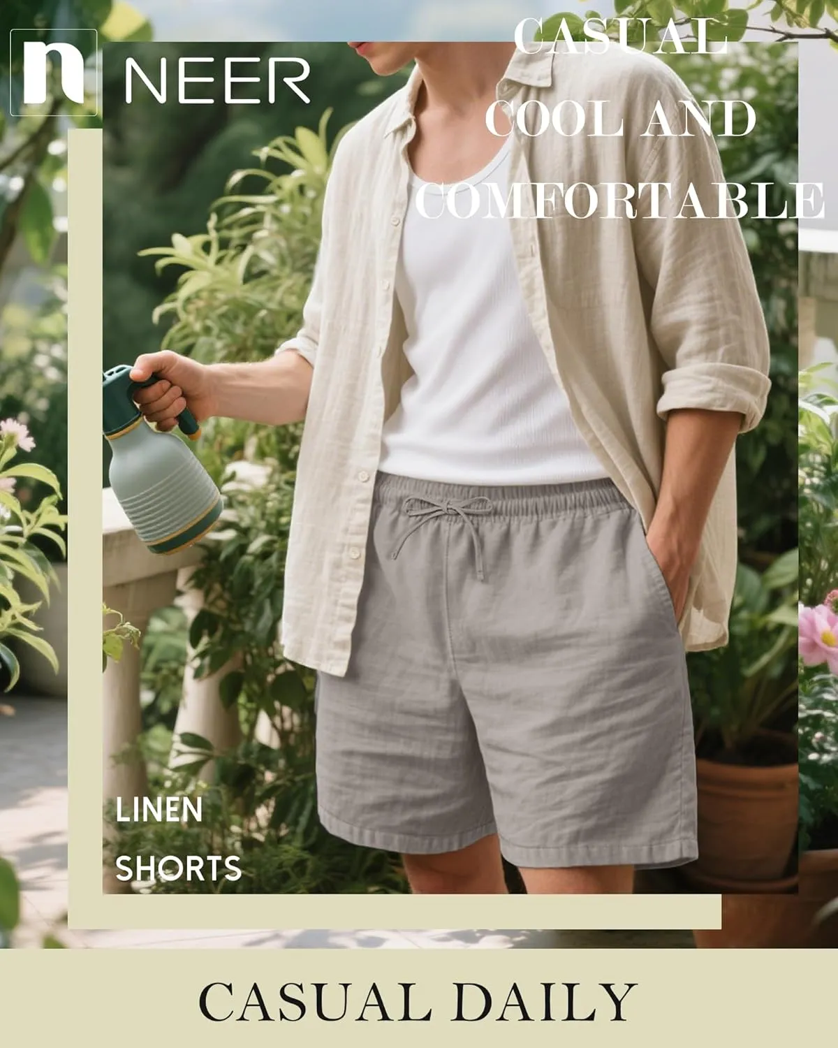 Neer 2 Pack Men's Big and Tall Linen Bermuda Shorts Cotton Drawstring Loose Plus Size Summer Casual Pants with Pockets