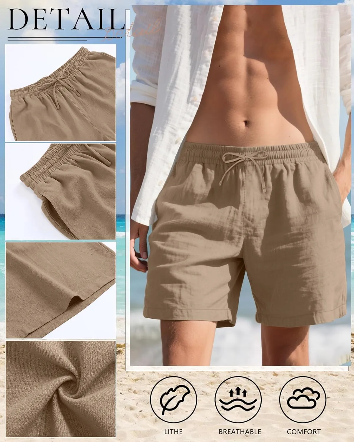 Neer 2 Pack Men's Big and Tall Linen Bermuda Shorts Cotton Drawstring Loose Plus Size Summer Casual Pants with Pockets