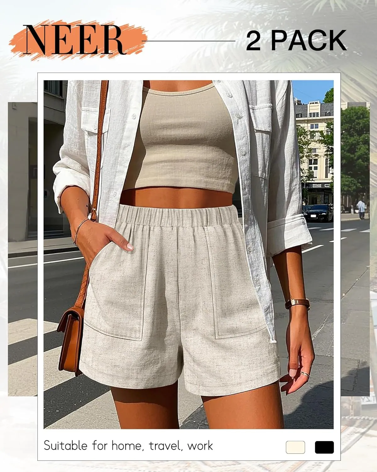 Neer 2 Pack Women's Linen Shorts Elastic Waist Casual Comfy Summer Pull on Beach Shorts with Patch Pocket