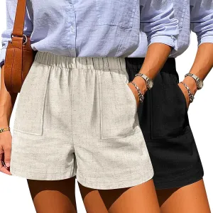 Neer 2 Pack Women's Linen Shorts Elastic Waist Casual Comfy Summer Pull on Beach Shorts with Patch Pocket