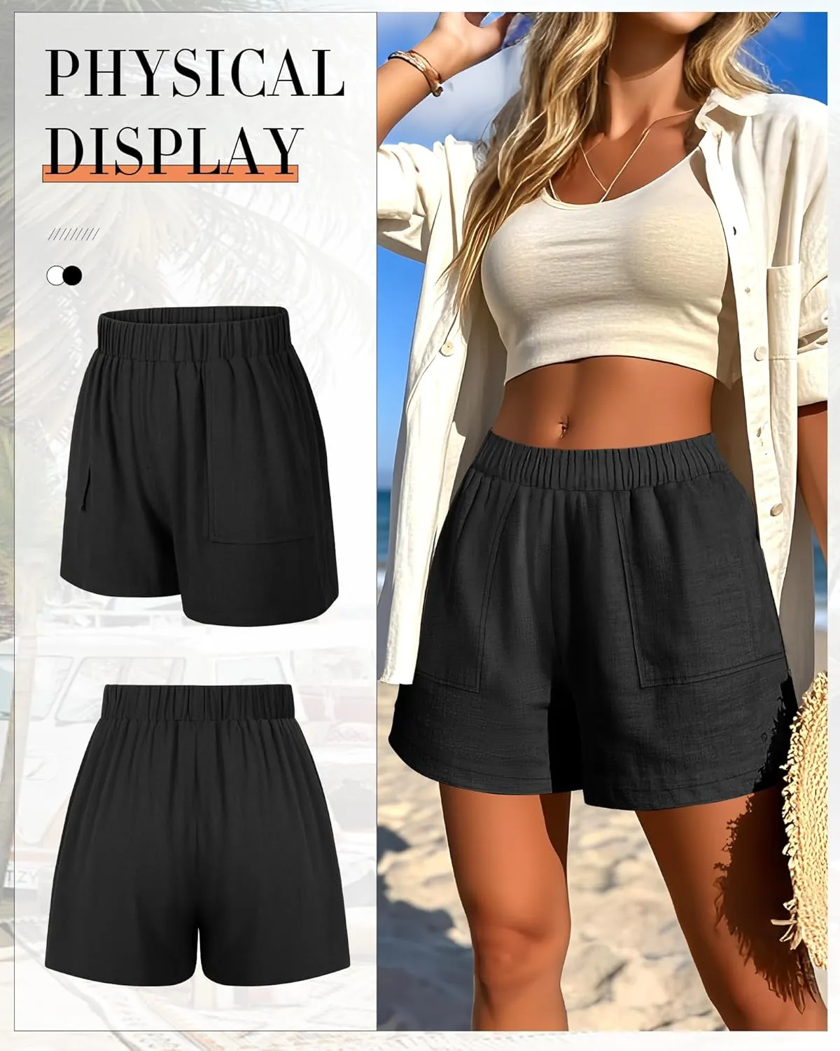 Neer 2 Pack Women's Linen Shorts Elastic Waist Casual Comfy Summer Pull on Beach Shorts with Patch Pocket