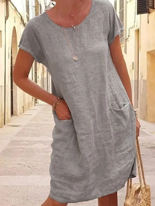 New Loose Solid Color Pocket Short Sleeve Round Neck Cotton Linen Dress